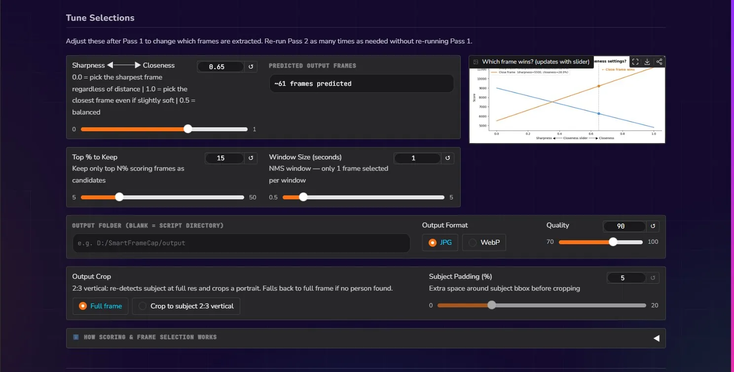SharpMoment AI — Tune Selections panel