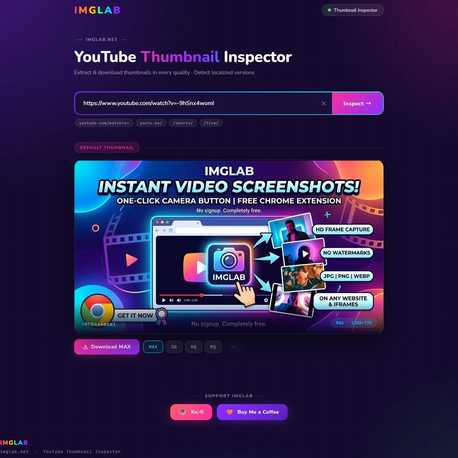 IMGLAB YouTube Thumbnail Inspector — tool screenshot