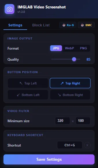 IMGLAB Video Screenshot — Settings tab
